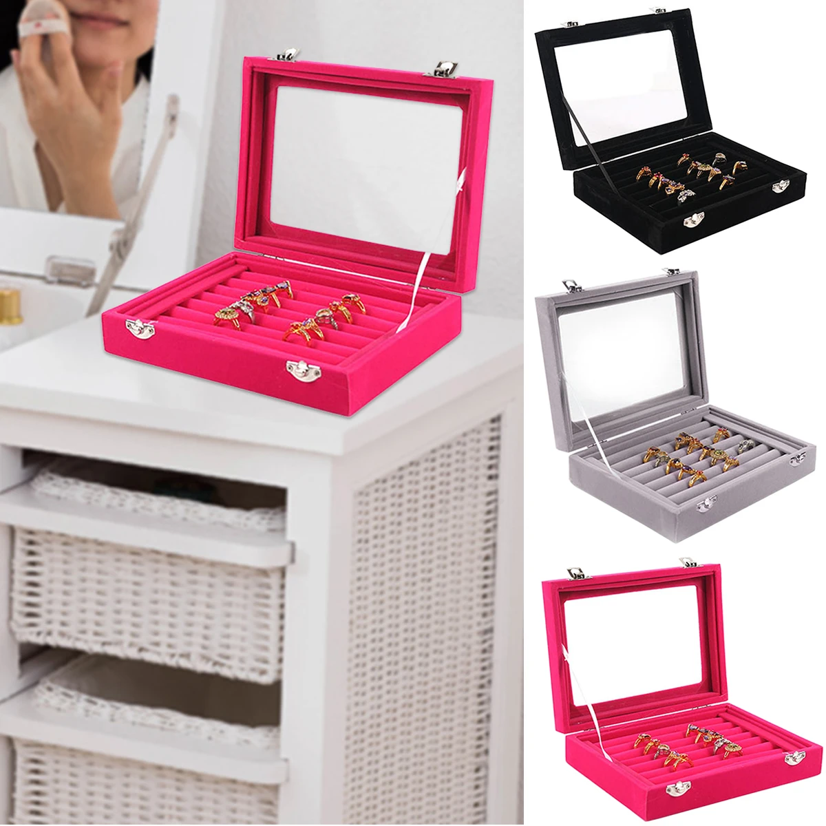 Velvet Small Jewellery Box Ring Necklace Jewellery Display Tray Lattice Storage with Lid Jewellery Box