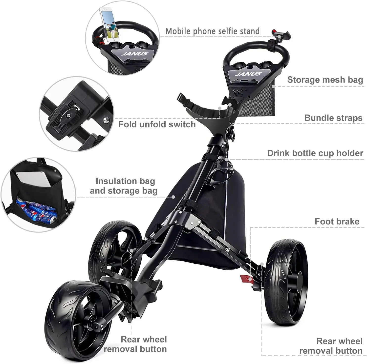 Golf cart, Foldable Push cart, Bag Pull cart. Caddy Carts Optional Large Wing or Small Wing, Fit