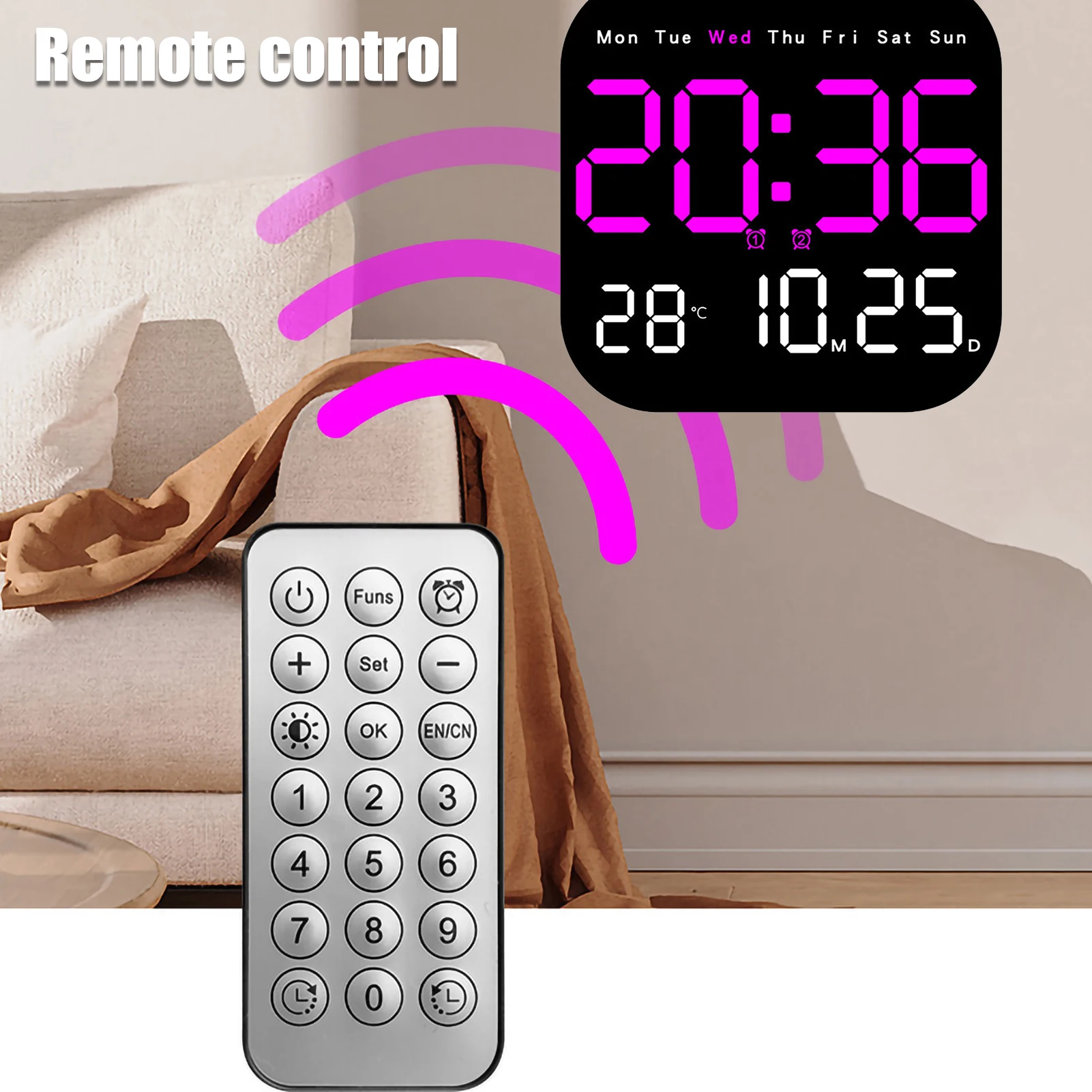 Digital Wall Clocks Temperature Date Week Dispaly Electronic Table Clock 12/24H Wall-mounted LED Alarm Clock Remote Control
