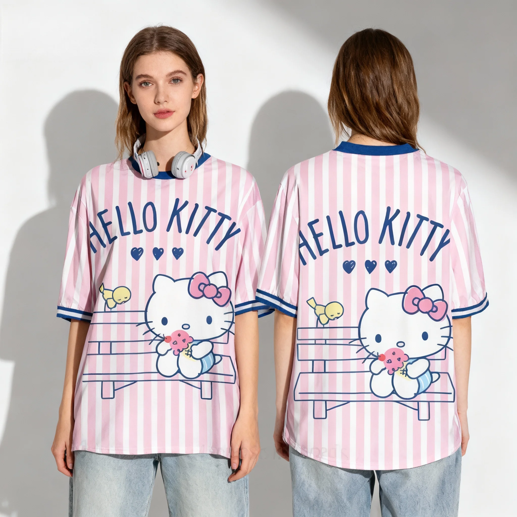 Sanrio Hello Kitty Elemental Ball Wear Sweet Cool 여름 티셔츠 오버사이즈 남성 성인 캐주얼 스포츠 티셔츠 출산복