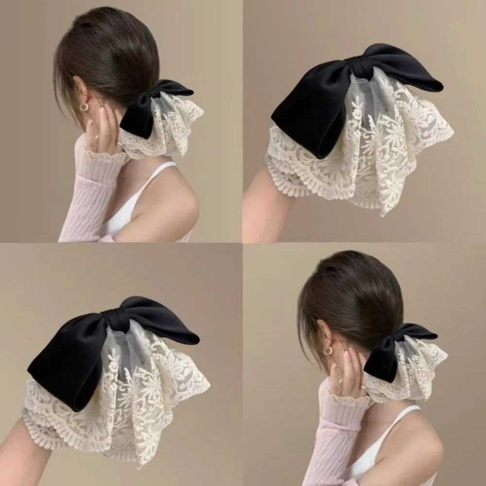 리본 포니테일 헤어 그립 자수 메쉬 빈티지 프랑스 레이스 헤어 클립 우아한 분위기 새틴 헤어 액세서리