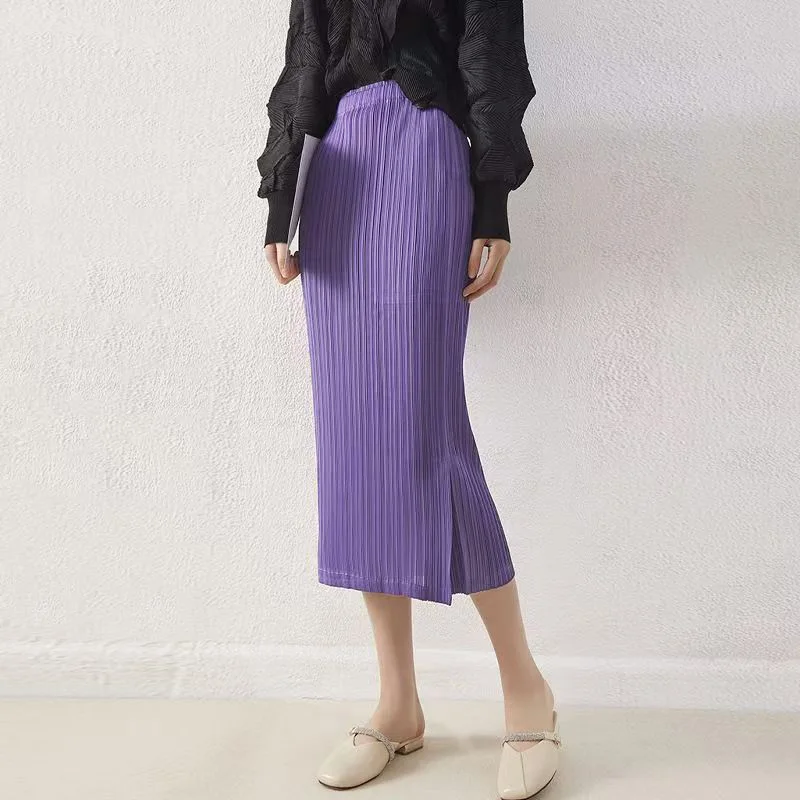 

Spring Miyake Pleated Women Skirt Korean Fashion Stretch Classic Lake Blue A-line Skirt Straight Long Skirts Causal Style