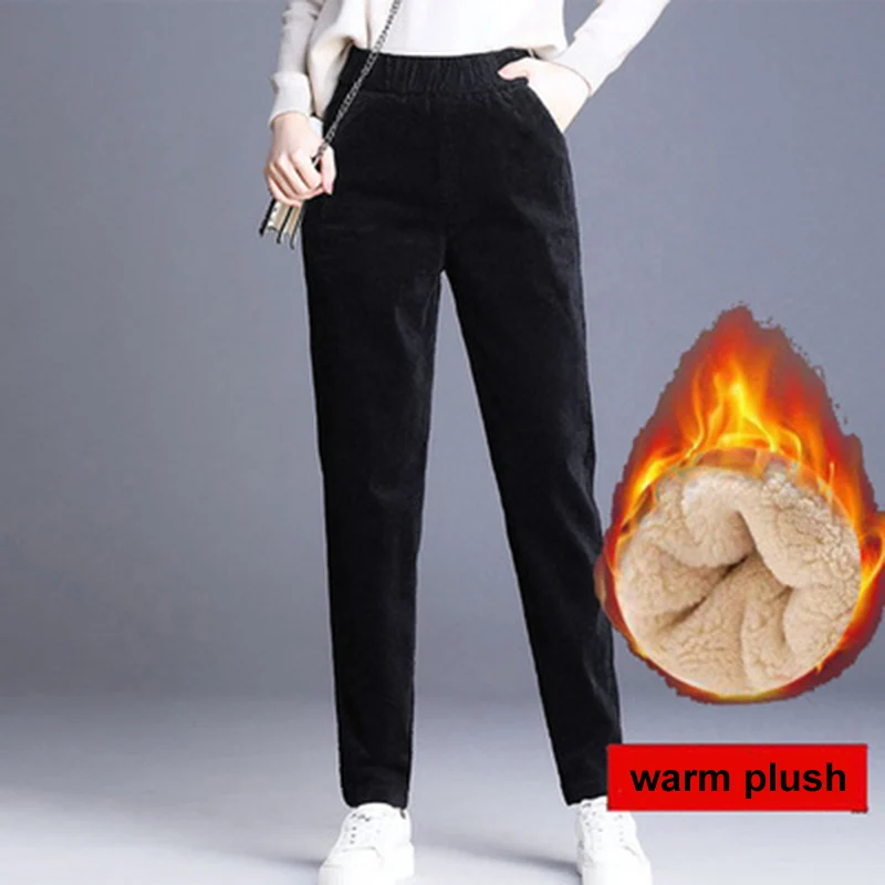 Rimocy 2021 Winter Thicken Warm Pants for Women Vintage Corduroy High Waist Harem Pants Woman Elastic Casual Trousers Ladies nike pants Pants & Capris