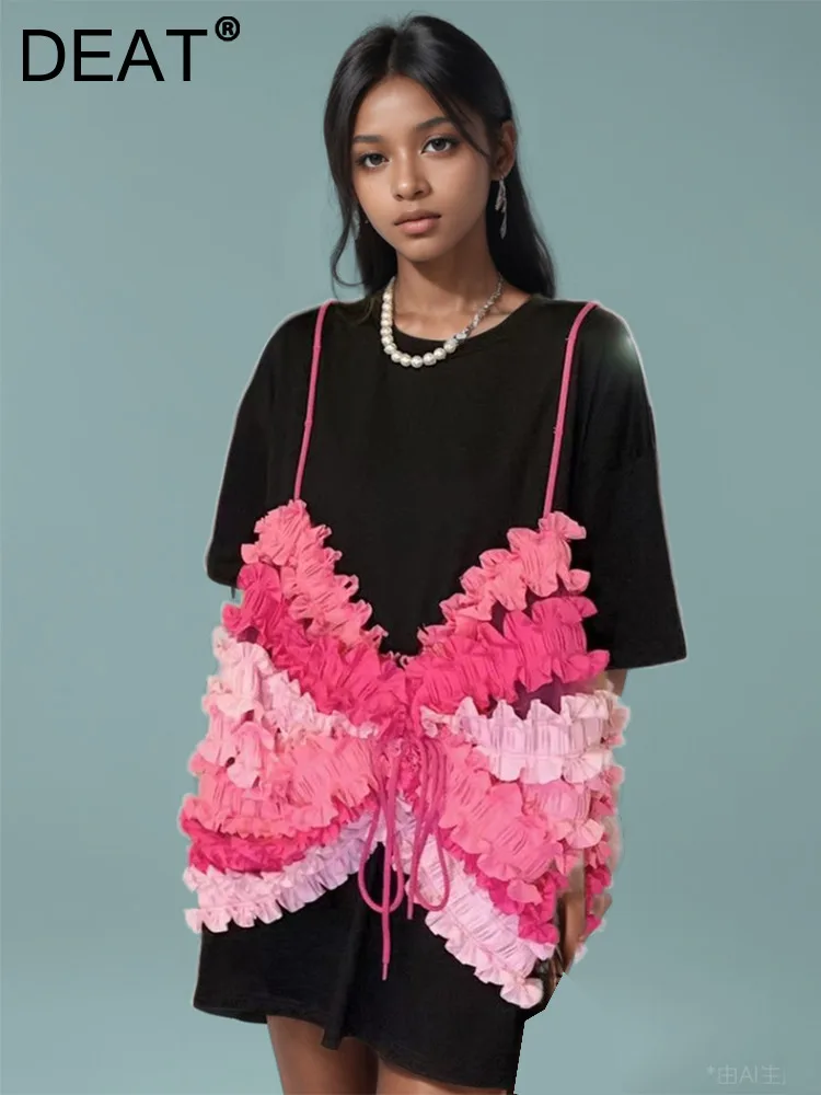 

Женское облегающее платье с коротким рукавом DEAT, летнее модное платье в складку с О-образным вырезом, 33A1294, 2024