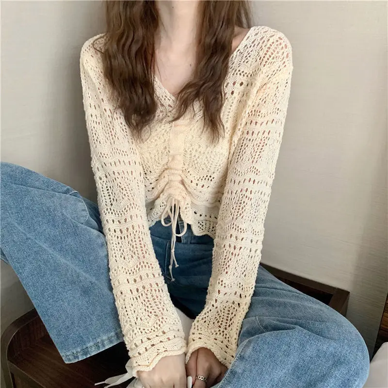 

Beige Sexy New Hollowed Bandage Spring Pullover Short Sweater Loose Coat Casual Cloth Girl T-shirt Tops Clothes for Women Lady