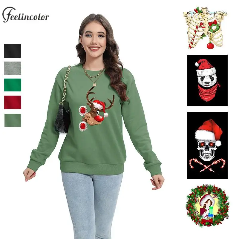 Women Green Christmas Sweatshirt New Year Tracksuit Xmas Streetwear Adult Pullover Long Sleeved Carnival Female Clothing