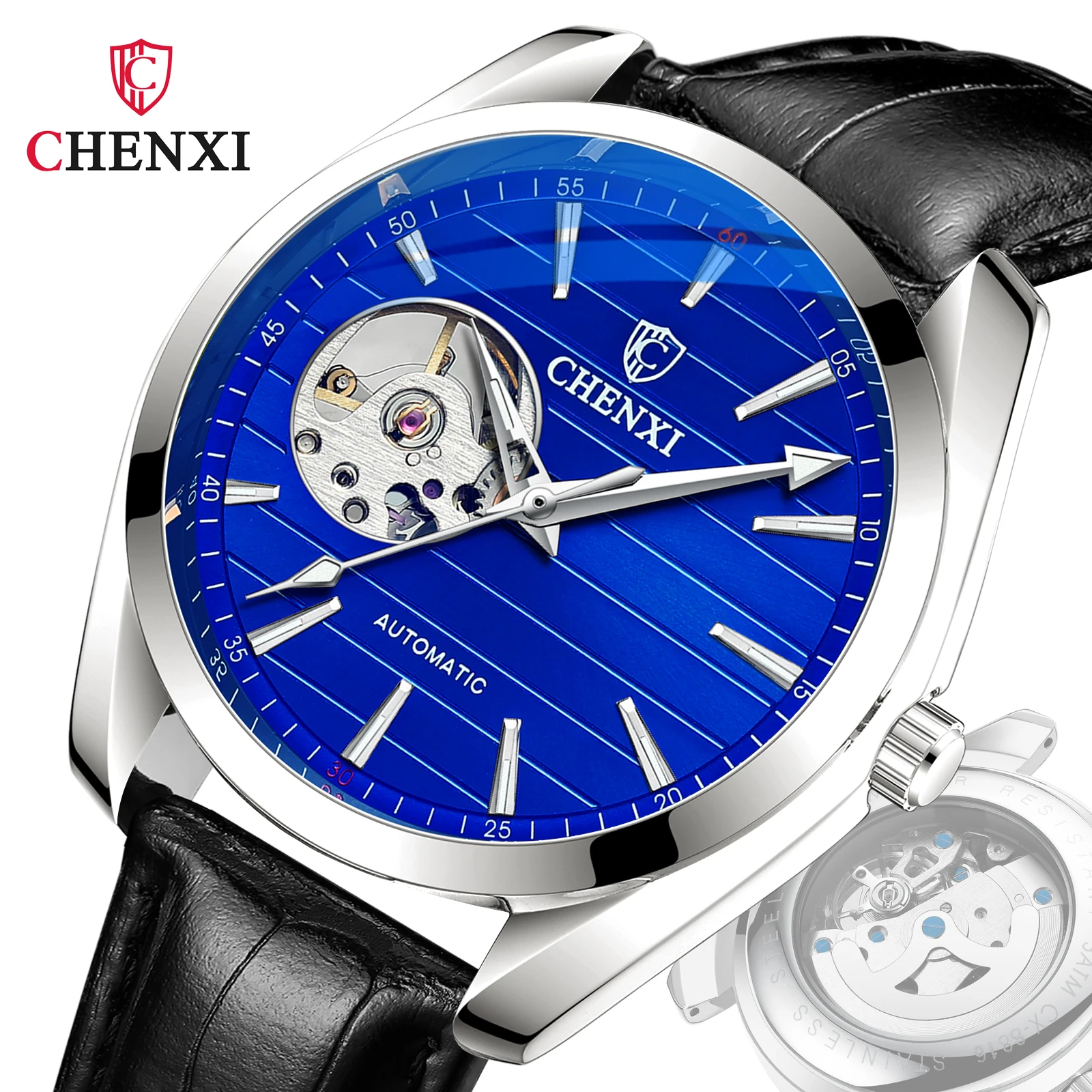 

Часы наручные CHENXI Мужские автоматические роскошные механические модные светящиеся деловые с кожаным ремешком скелетоны