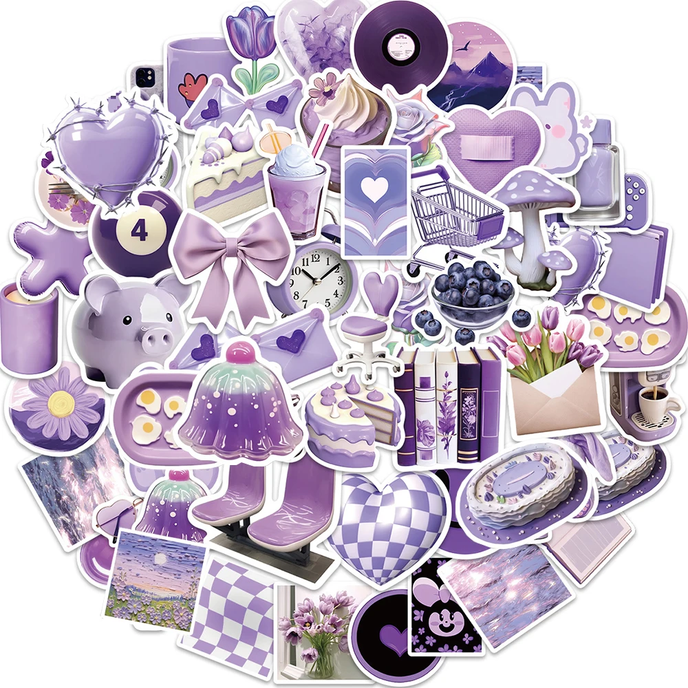 10/30/56pcs Kawaii Girls Purple Cartoon Stickers Aesthetics Flowers Sticker Laptop Scrapbooking Bike Ins Style Graffiti Decals journamm 3pcs pack gold foil flowers stickers diy cut scrapbooking materials collage stationery aesthetics pet decor stickers