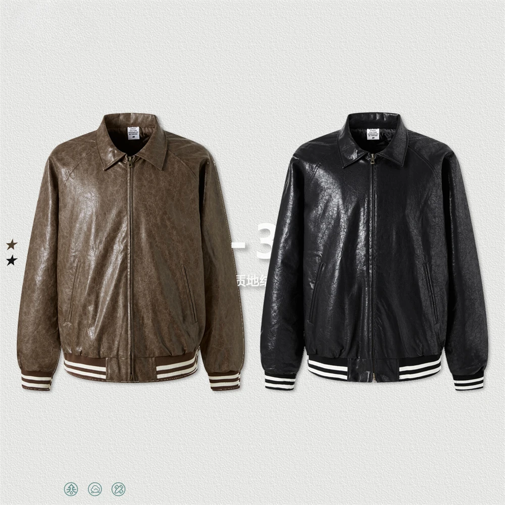 

Retro Winter Batik Washed PU Leather Jackets For Men Unisex 350gsm Turn-Down Collar Cotton Liner Zipper Coat Outwear