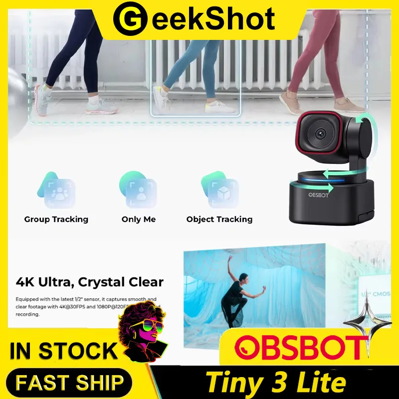 OBSBOT Tiny 3 Lite AI-Powered Spatial Audio 4K Webcam - AI Tracking PTZ Camera with 1/2" Sensor, Tri-Mic, Voice Control,120FPS！