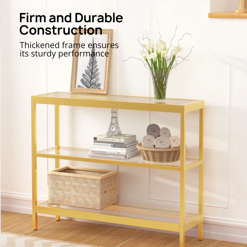 

90cm Morden Entryway Console Table 3 Tiers Metal Frame Narrow Open Sofa Table with Tempered Glass Gold