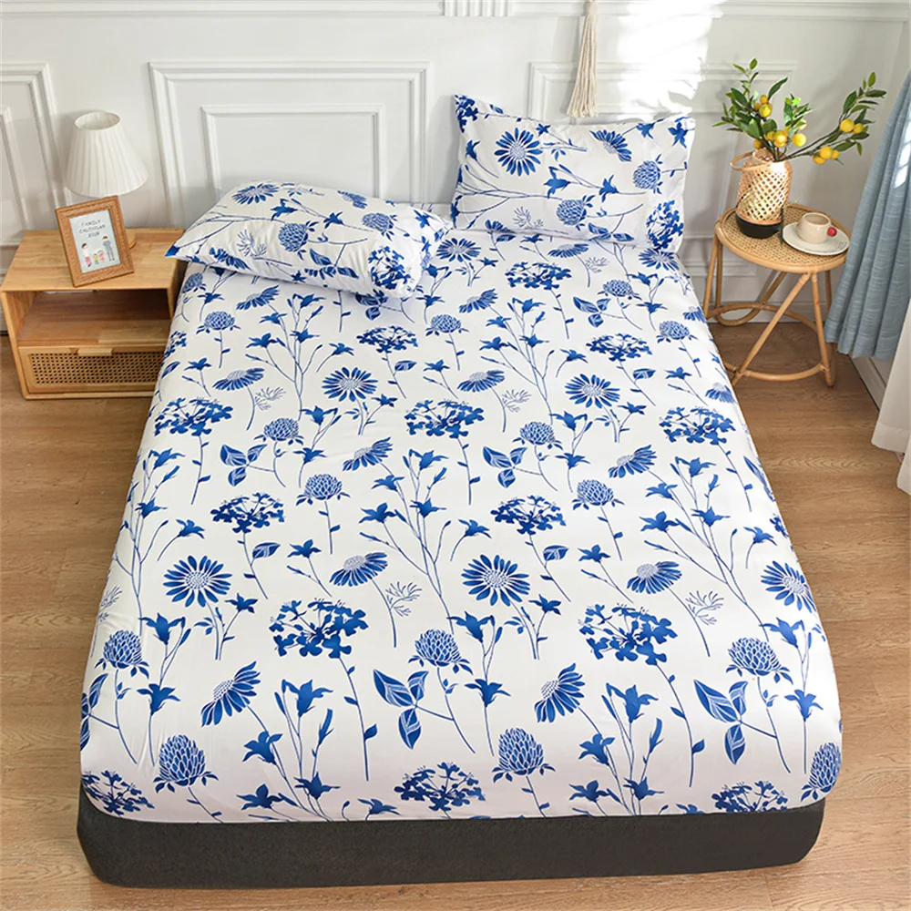 Twin Fitted Bed Sheet with Elastic Blue Flower Printed Bed Cover Single/Queen/King Bed Linen Reactive Printed Mattress Cover 180 2