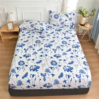 Twin Fitted Bed Sheet with Elastic Blue Flower Printed Bed Cover Single/Queen/King Bed Linen Reactive Printed Mattress Cover 180 2