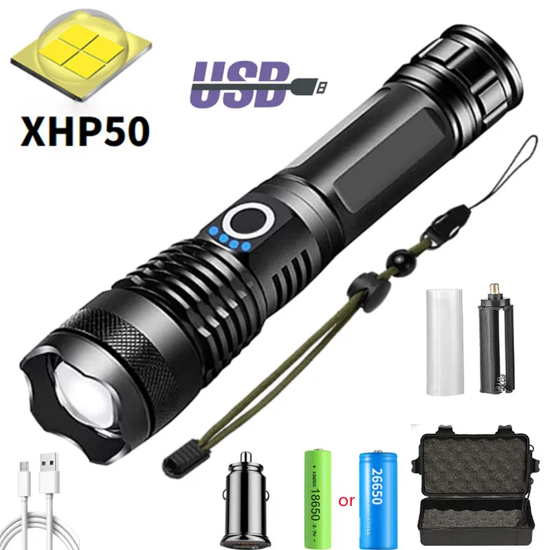 

5 режимов, мощный фонарик XHP50, USB, перезаряжаемый, с фокусировкой, фонарик, использует аккумулятор 18650 или 26650 для кемпинга на открытом воздухе
