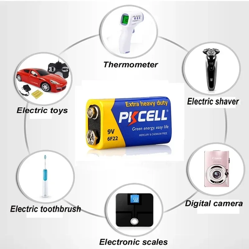 12PC PKCELL 9V 6F22  9 Volt Battery Equal to CR9V ER9V 6LR61 batteries Extra heavy duty Carbon Zinc Battery for electronic therm - 6