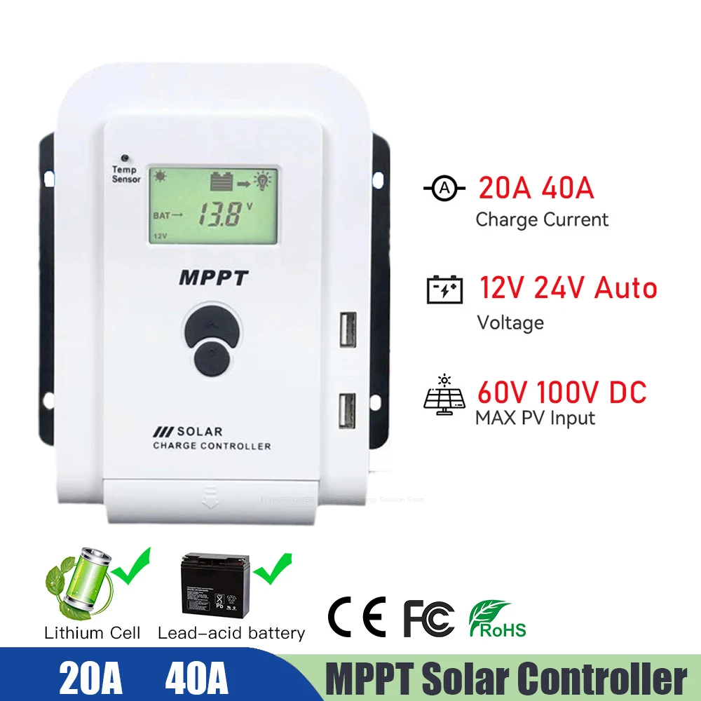 

20A 40A MPPT Solar Charge Controller 12V 24V Auto Battery Charge Regulator With LCD Display Max PV 100VDC Input