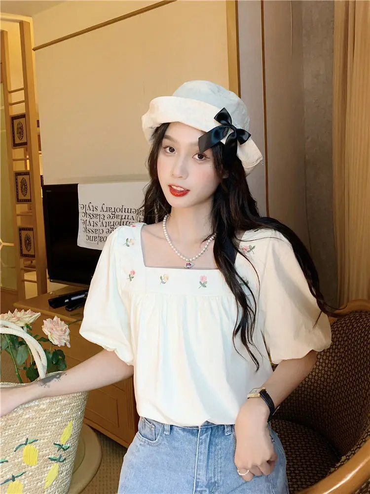 

Vintage Floral Square Collar Ins Loose Shirt Women's Shirts Ulzzang Japanese Ladies Female Korean Harajuku Clothes For Women