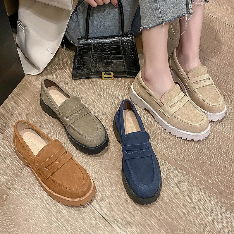 

Meotina Women Genuine Leather Loafers Round Toe Platform Sewing Ladies Fashion Cow Suede Casual Shoes Spring Autumn Apricot 42