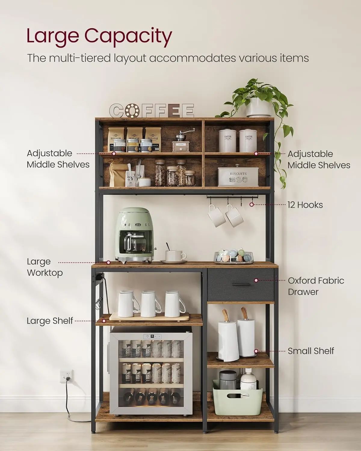 Bakers Rack with   Coffee Bar Stand with Adjustable Storage Shelves  Fabric Drawer  12 Hooks  Table for Microwav 4