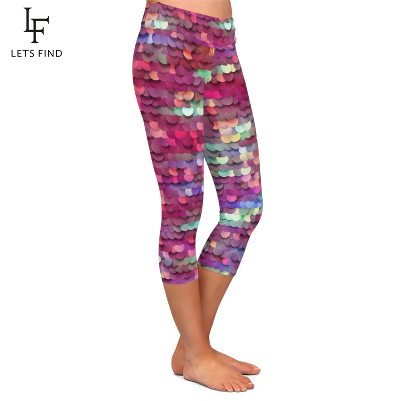 LETSFIND Summer Beautiful Fish Scales Digital Printing Women Capri Leggings High Waist Fitness Sexy Mid-Calf Leggings