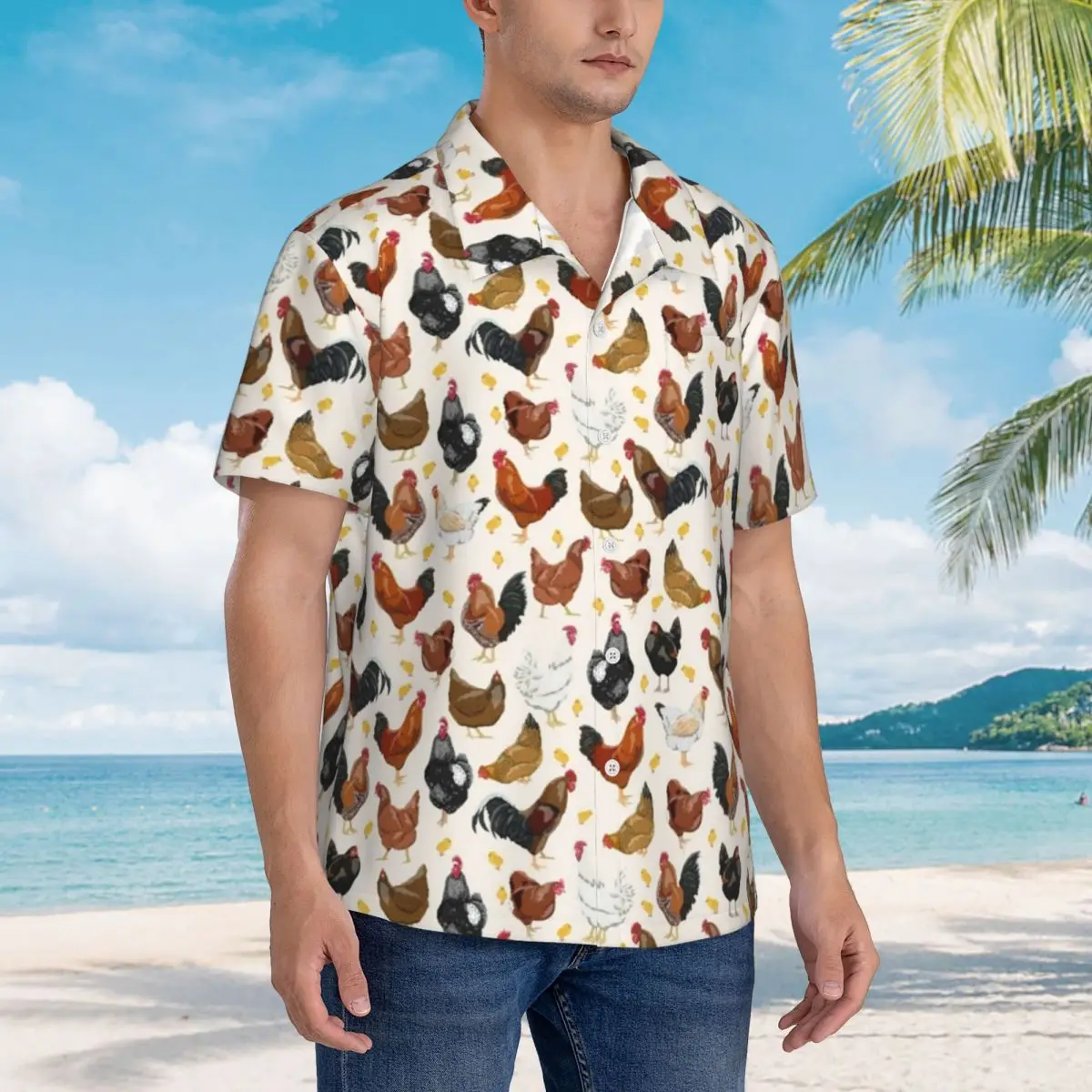 Cartoon Chicken Hawaiian Shirt Man Vacation Hens Roosters Casual Shirts Short-Sleeve Y2K Street Custom Novelty Oversize Blouses 2