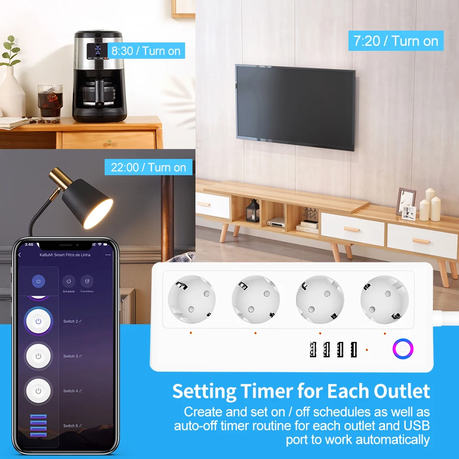 Multiprise Intelligente Hyleton WiFi - 3 Prises + 4 Ports USB - Compatible Alexa Et Google Home - Quasi-neuf