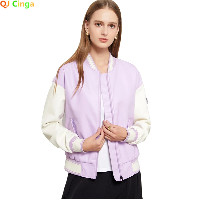 Purple Leather Jacket Women 2022 Spring Autumn Women's Moto Biker Zipper Red PU Coats Ladies Outerwear Black White |