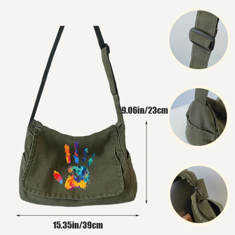 Artistic Women's Shoulder Bag Canvas Messenger Bag Colorful Handprint Large Capacity for Travel Crossbody Bag