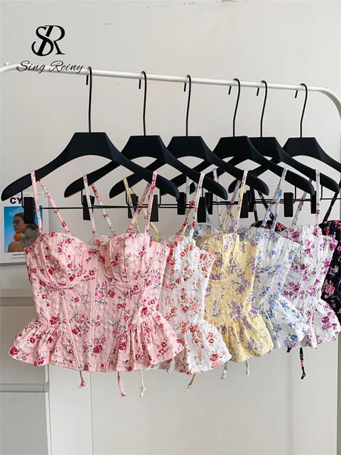 SINGREINY French Corset Print Beach Tank Top Female Strap Irregular Slim Hotsweet Camis Streetwear Vacation Bohe Sexy MIni Top