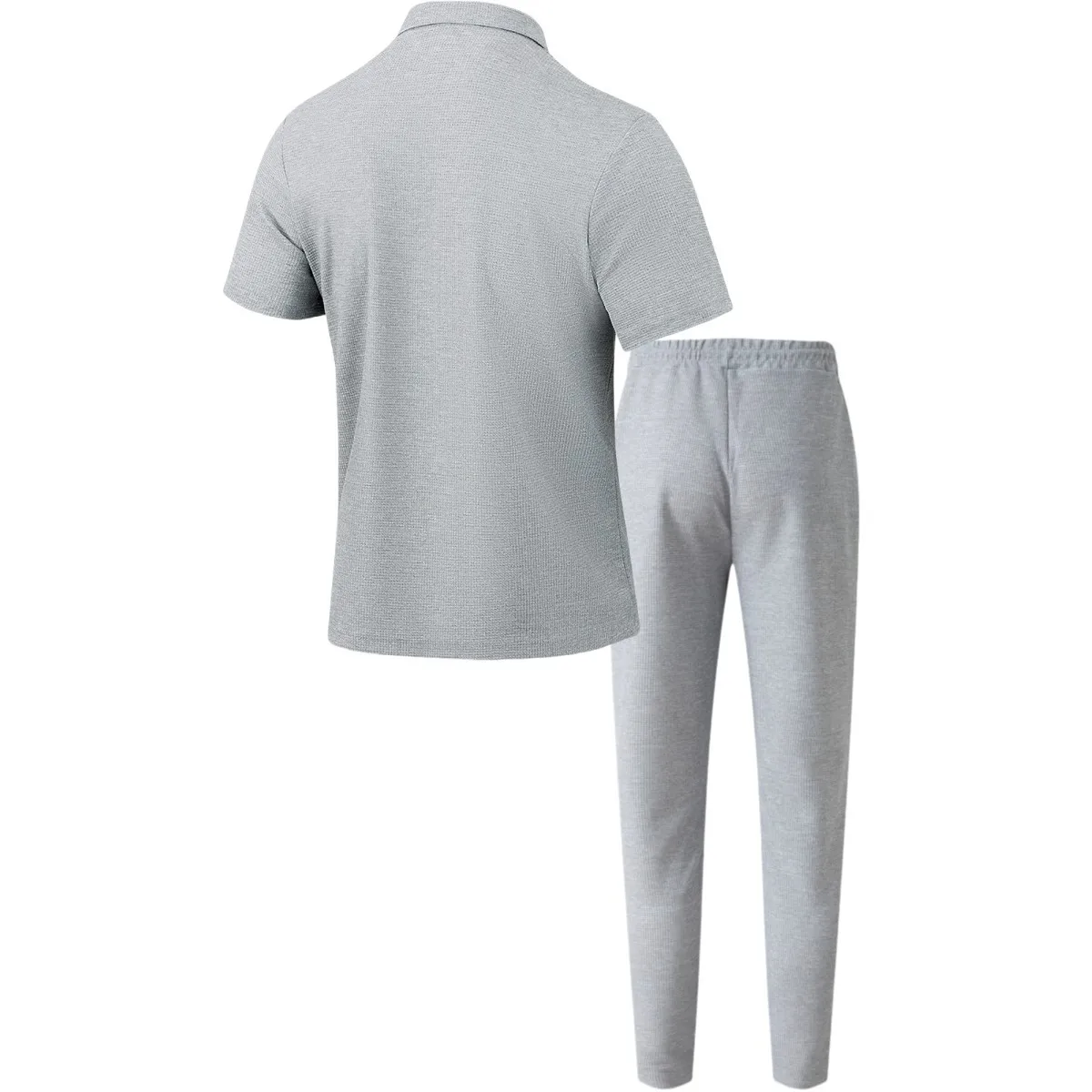 Men’s solid color waffle check short sleeve shirt and trousers two-piece set displayed on model in outdoor travel setting gray back
