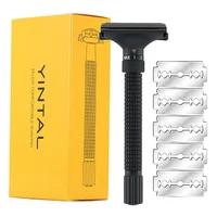 Adjustable Precision Men's Razor - Double Edge Safety Butterfly Brass Metal Handle for Beard & Mustache Grooming With 5 Blades