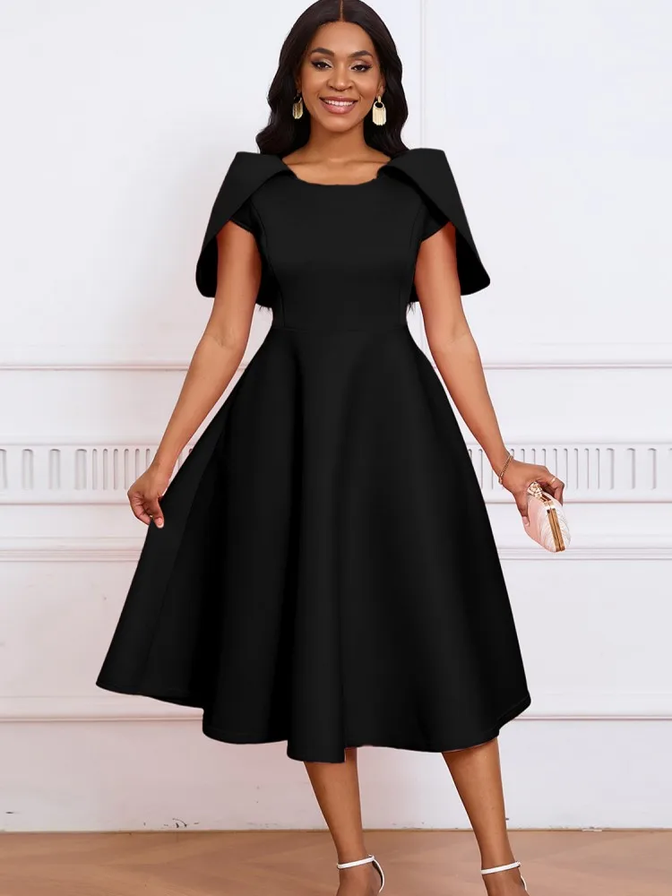 African Dresses For Women White Black Short Sleeves Elegant Pleated Buttom  Up Modest Midi Robes Classy Large Size 2024 Summer - AliExpress 200000345