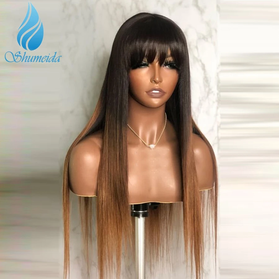 Shumeida Ombre Brown Color 13*6 Lace Front Human Hair Wig with Bangs Straight Brazilian Remy Human Hair Gluelss Wigs for Women