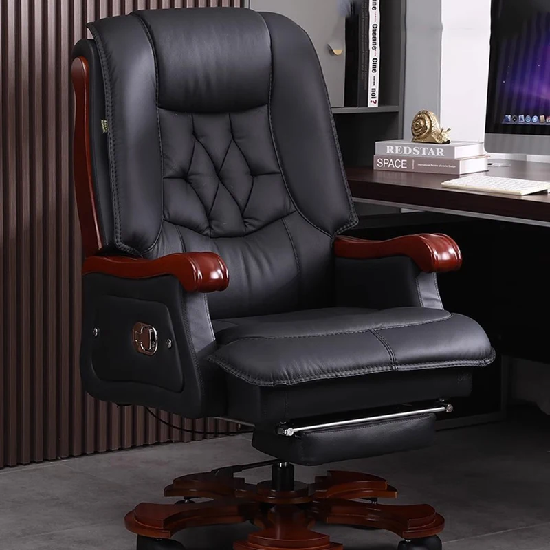Leather Chair First Layer Cowhide Large Business Reclining Office Chair Solid Wood Massage Chaises De Bureau Lounge Furniture 2