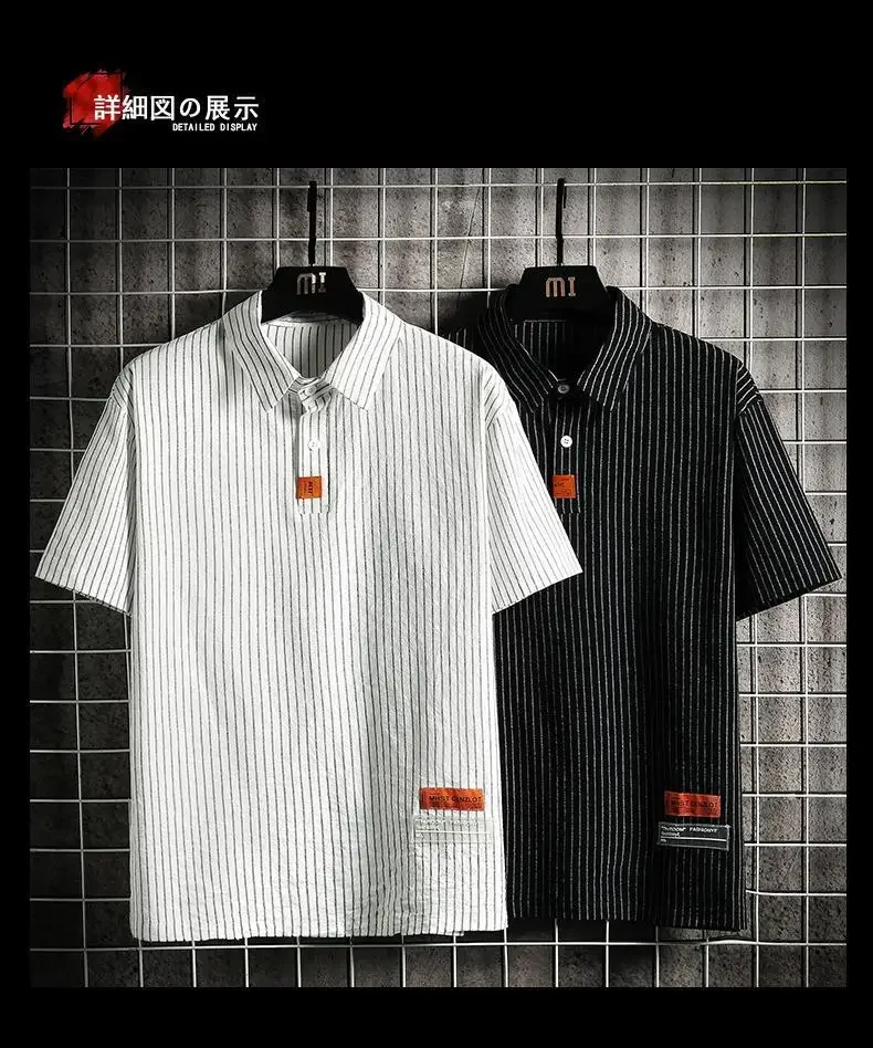 Men's Clothing Summer Vertical Striped Workwear Short Sleeve Polo Shirt Loose Fit American Retro Half Sleeve Top Solid Color 9 Sa549979e2815425f8b3340161455c4f8R