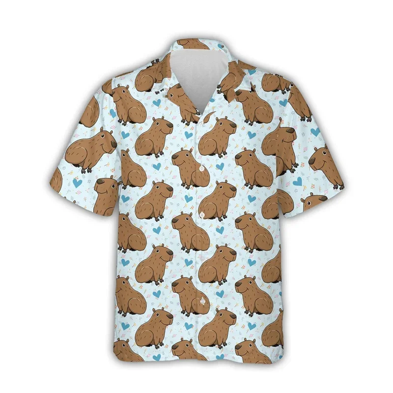 Kawaii Capybara Pattern Shirt Men's 3D Printed Hawaii Aloha Beach Men's Shirt Short Sleeve Cool Top Lapel Shirt 4