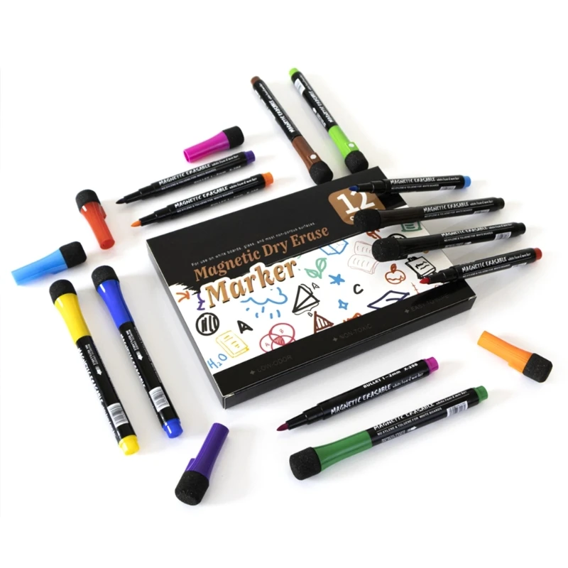 Magnetic Markers Pen Whiteboard Pens 12 Assorted Color Dry Erases Pens Dry Wipe with Erasers for Home School Office