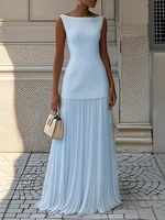 Women Elegant Solid Splice Pleated Skirts Set Sexy Slash Neck Sleeveless Tank Boho Dress Summer Hollow Slim Maxi Skirts - Image 4