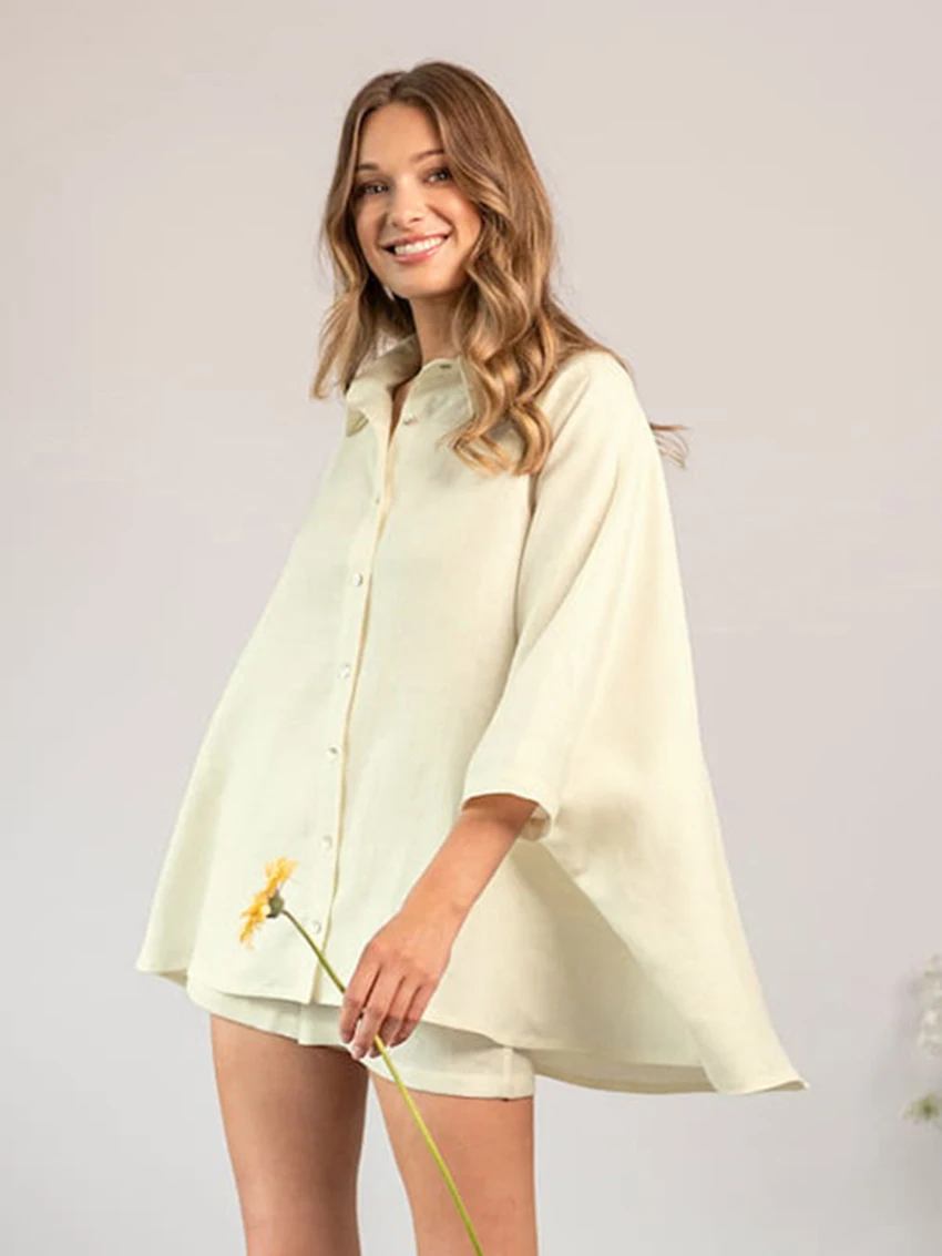 Marthaqiqi Loose Women'S Pajamas 2 Piece Suit Long Sleeve Sleepwear Turn-Down Collar Nightwear Shorts Casual Spring Home Clothes