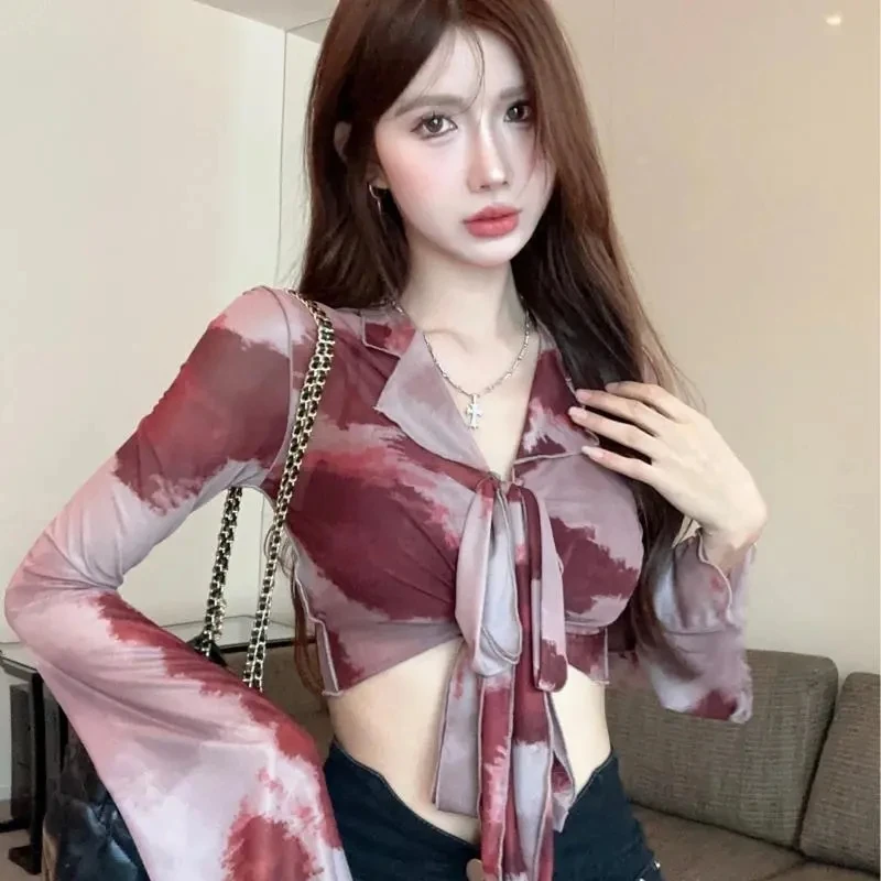 

Sexy Slim Short Top Women New Mesh Sunscreen Umbilical V-neck Strap Design Sense Long Sleeve Slim T-shirt Female Autumn Tops