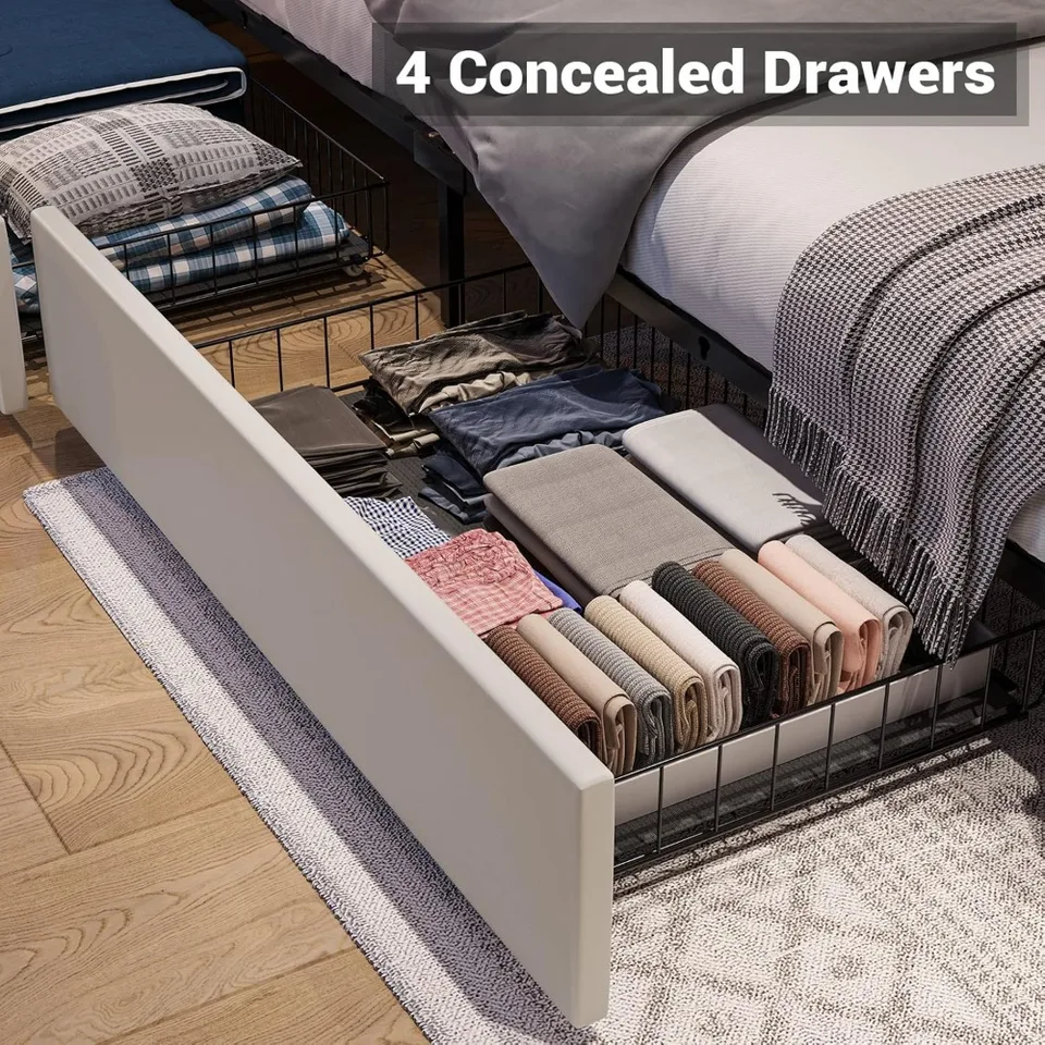 Queen Bed Frame with Storage Drawers and LED Lighting