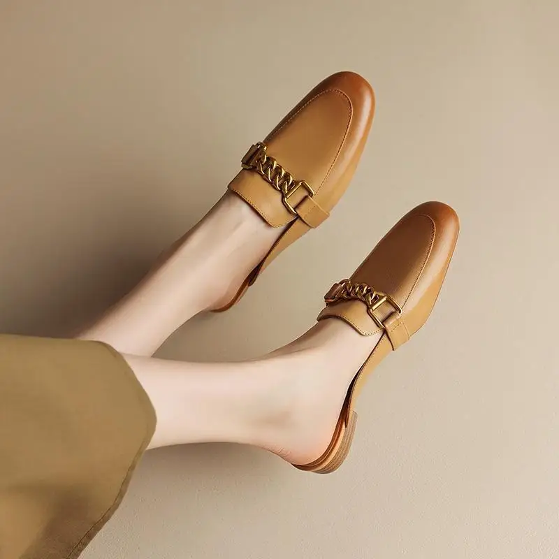 2024 Summer New Genuine Leather Baotou Muller Shoes Half Slippers Women's Flat Bottom Casual Single Shoes