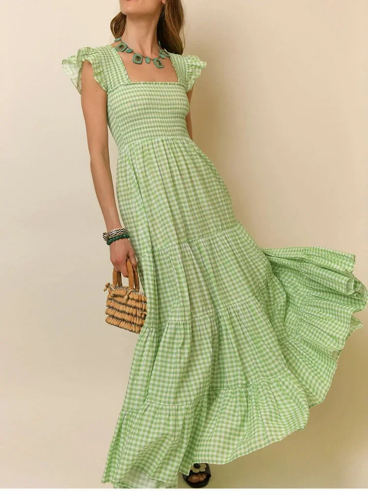 

2023 Summer New Retro Square Neck Flying Sleeves Green Plaid Cotton Ladies A-Line Long Dress