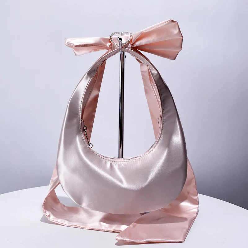 Hibear Studded Crescent Shoulder Bag For Women - Y2K Gothic Bow Knot Purse, PU Leather Handbag, 2024 Trendy