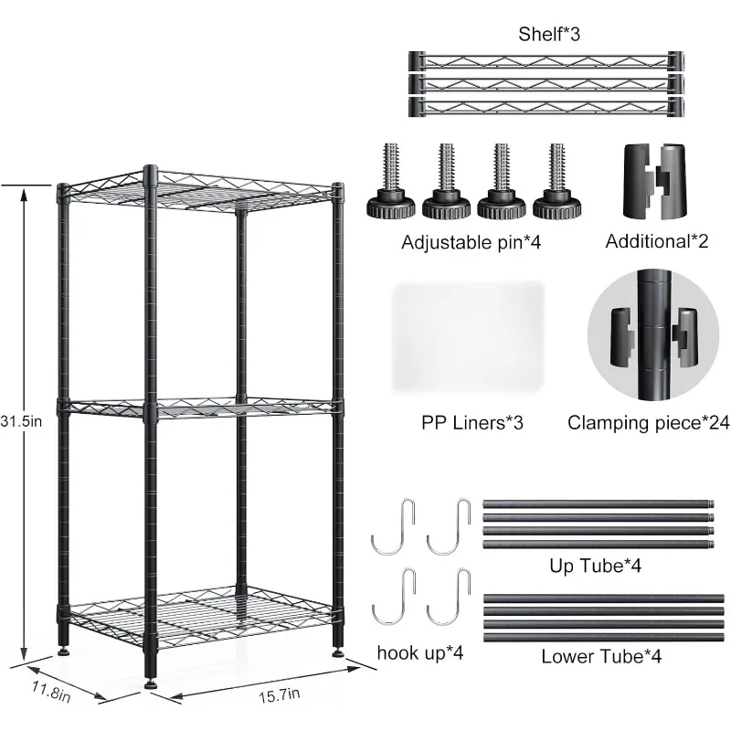 3 Tier Shelves Storage, Wire Shelf Unit, Standing Adjustable Metal Shelves Organizer, Storage Racks for Restaurant Garage Pant 3