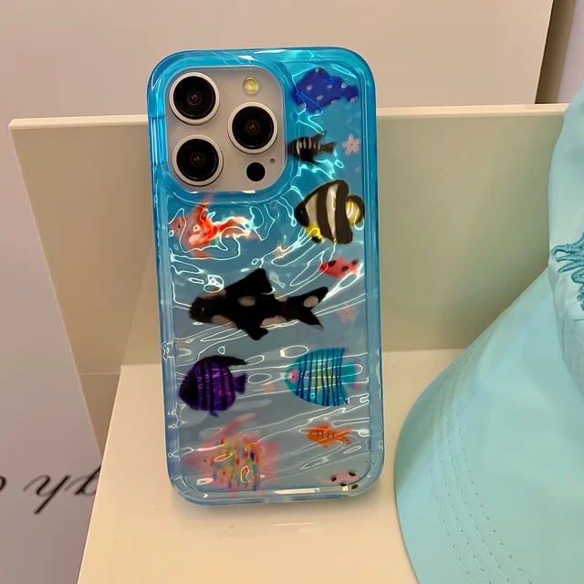 Korean Ins Ripple Texture Aquaria Lovely Fishes Case for iPhone 16 15 14 13 11 Pro Max Plus Back Phone Cover for 12 Pro Max 3
