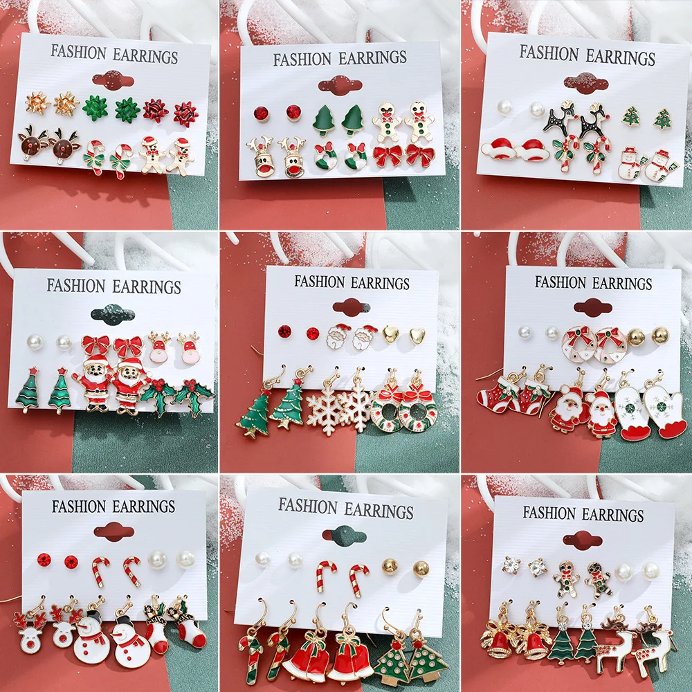 thumbnail image 2 of Juego de 6 pares/lote de pendientes navideños con diseño de árbol de Navidad, alce, muñeco de nieve y Papá Noel, bonitos pendientes con forma de botón, regalos navideños para mujeres, niñas y niños, 2 of 5