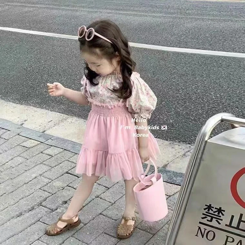 

Korean Style Summer Baby Girl Sets Long Sleeves Round Collar Floral princess Cute Pink Shirts+Sling Pink Skirt Children Clothing