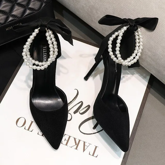 2026 Black Women's Pumps Summer New Brand Design String Bead Pearls Wedding Bridal High Heels Sexy Pointed Toe Party Dance Shoes 1