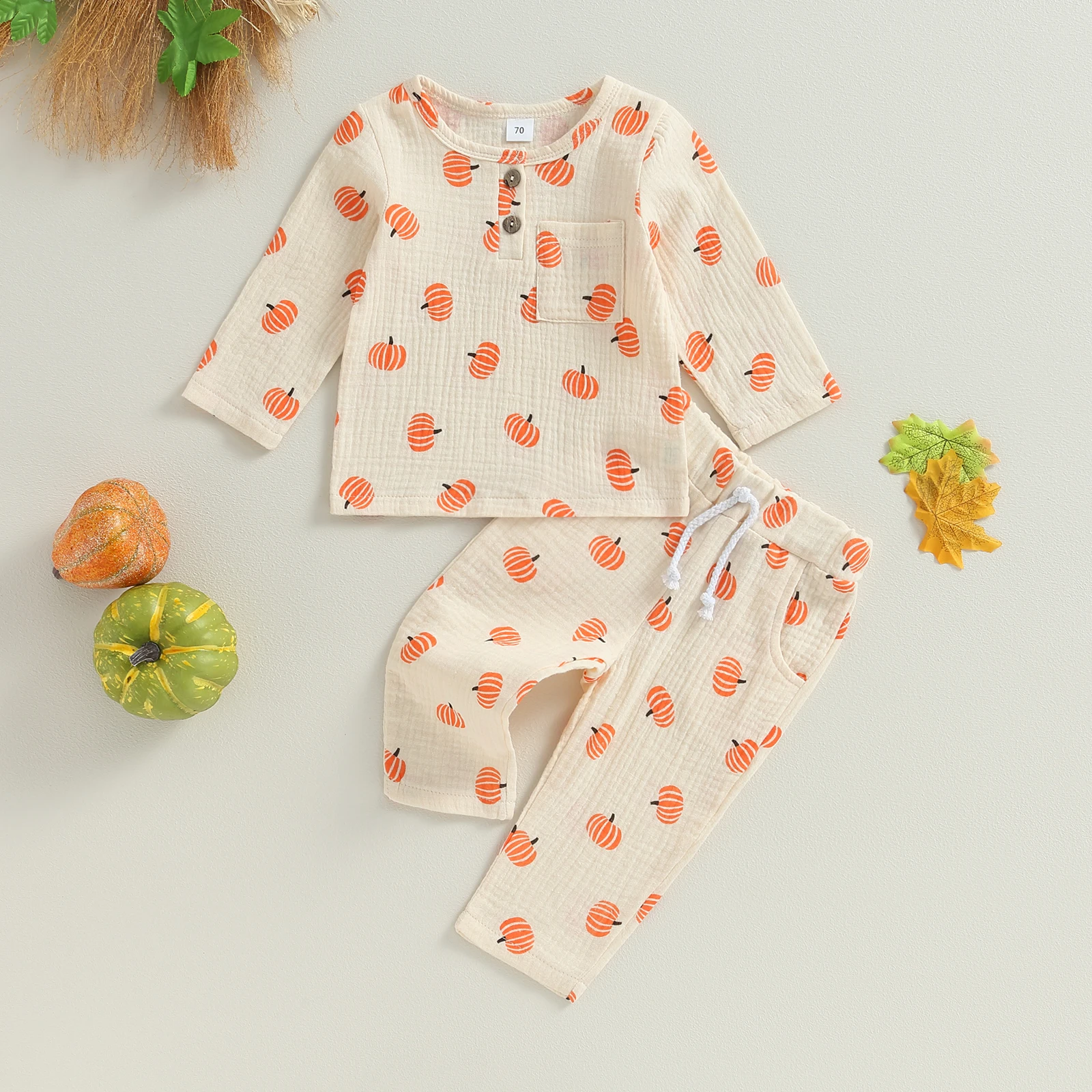 

BeQeuewll Toddler Girls Boys Fall Outfits Pumpkin Print Crew Neck Buttons Tops and Long Pants 2Pcs Halloween Clothes Set